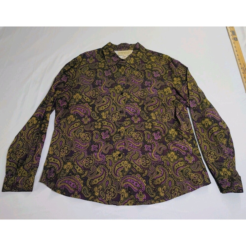 Vintage Jones New York Silk Paisley Blouse Green Purple Boho Chic Eclectic Sz 16